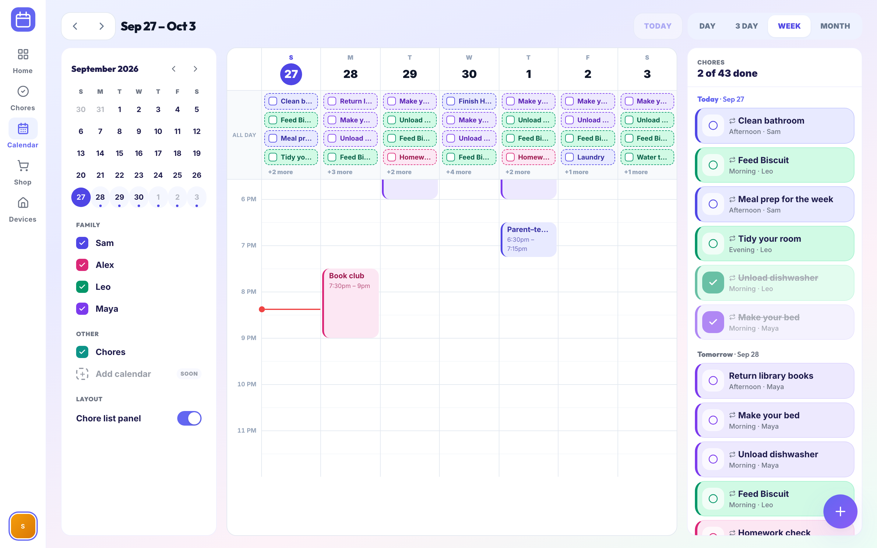 homerun family calendar in week view, a color per person